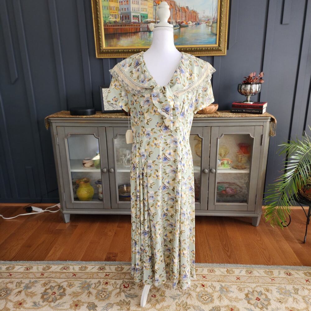 Vintage 90s Donna Morgan for Maggy Seafoam Floral Midi Dress NWT Size 12